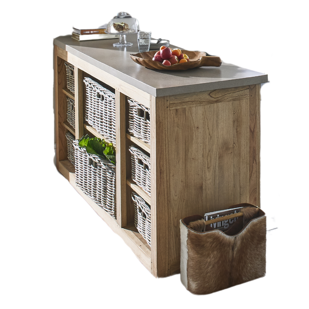 Modern Beige Solid Wood Kitchen Island with Wicker Storage
