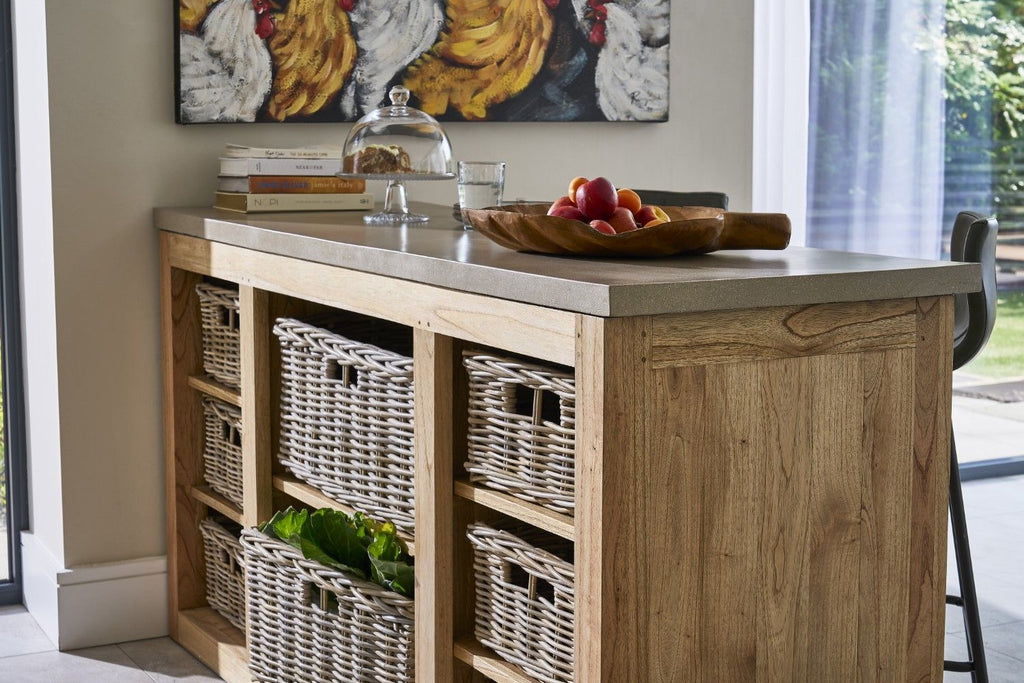 Modern Beige Solid Wood Kitchen Island with Wicker Storage - Home Furniture Interiors