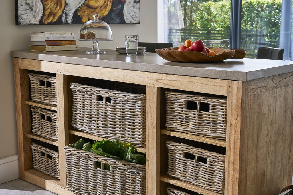 Modern Beige Solid Wood Kitchen Island with Wicker Storage - Home Furniture Interiors