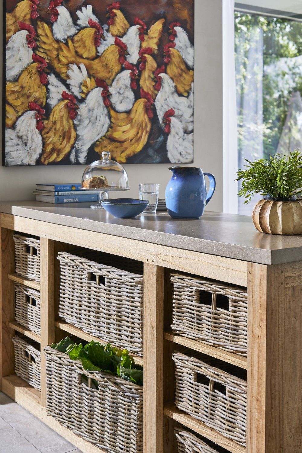 Modern Beige Solid Wood Kitchen Island with Wicker Storage - Home Furniture Interiors