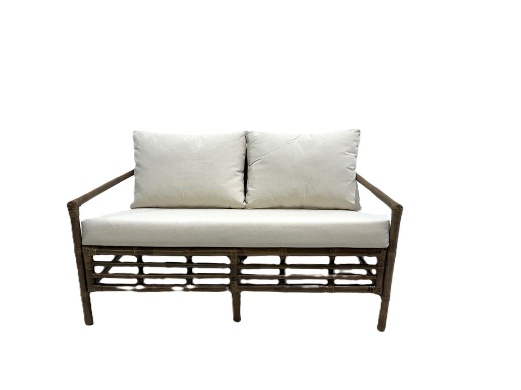 Garden Brown Bamboo 2 Seater Lounge Sofa with White Canvas Cushions