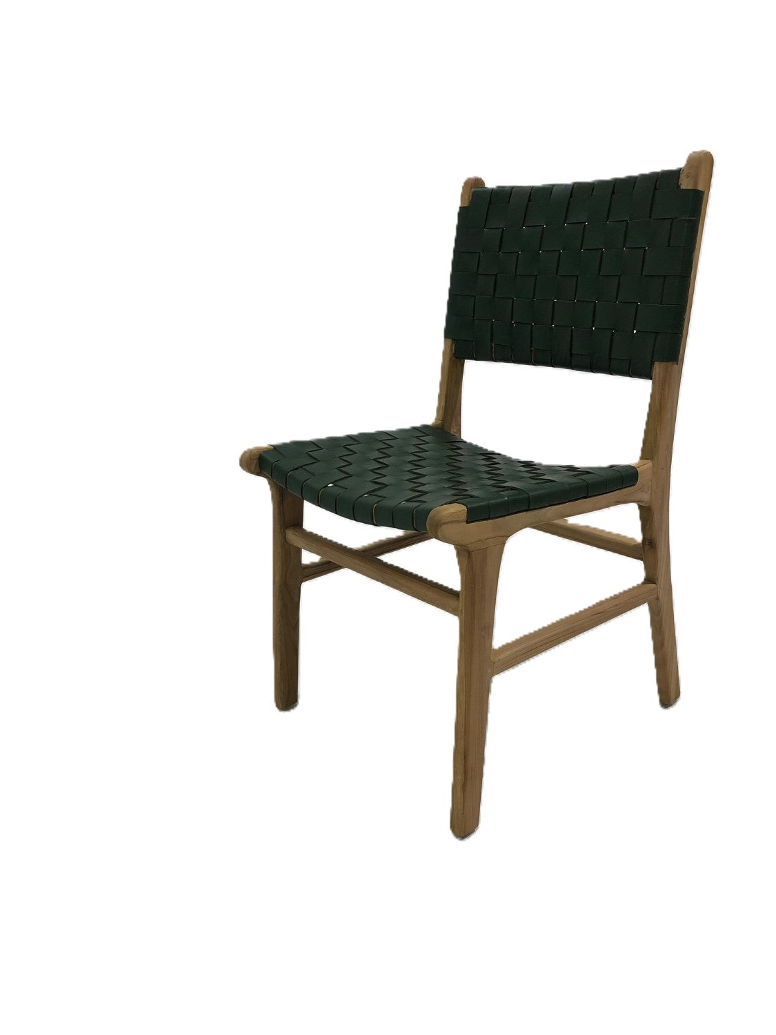 Traditional Style Green Leather and Natural Teak Woven Dining Chair
