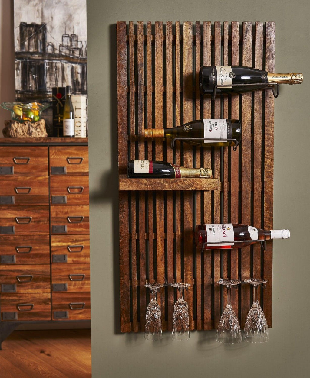 Industrial Mango Wood Hanging Wine Rack with Steel Glass Holders - Home Furniture Interiors