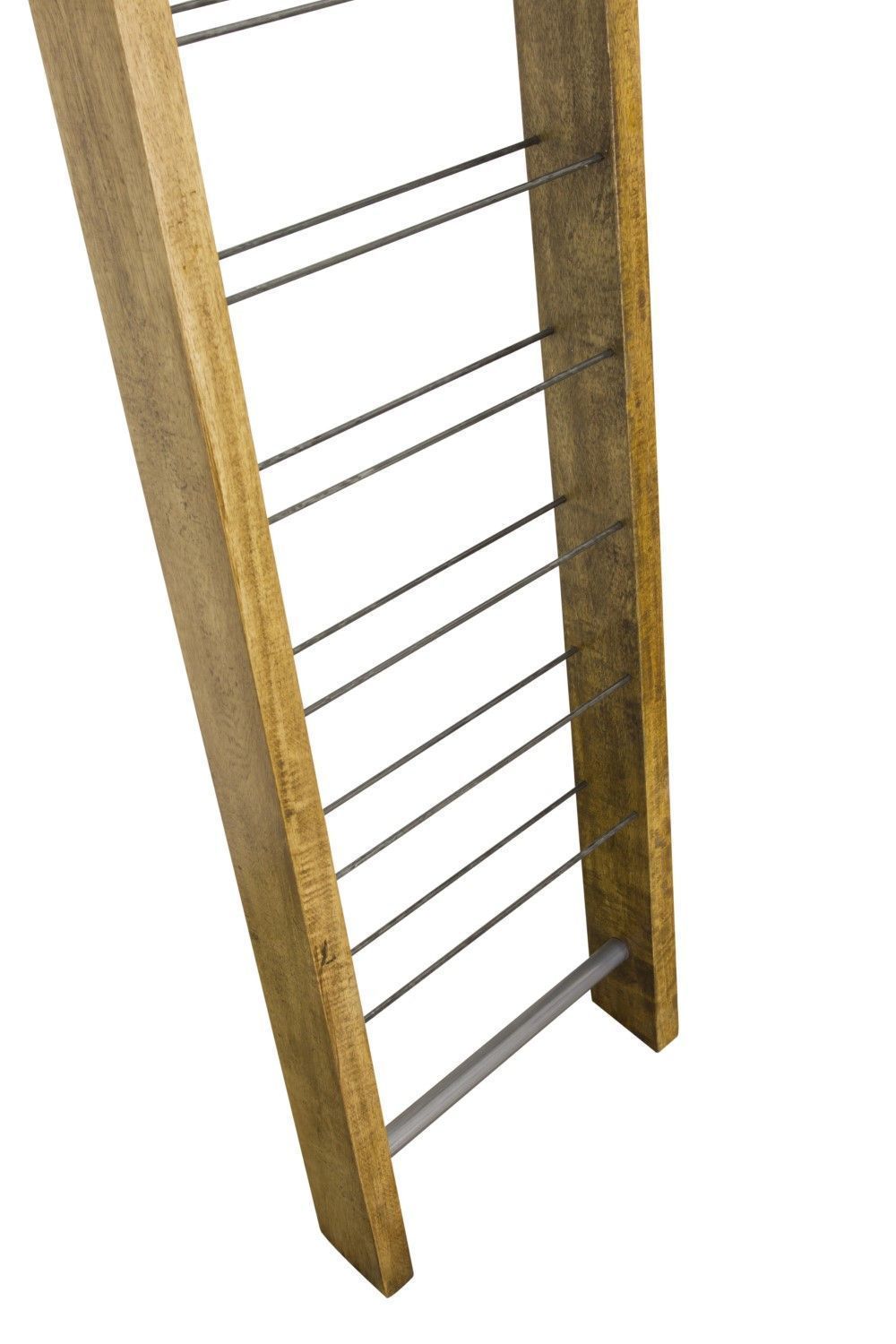 Natural Mango Wood and Steel Freestanding Ladder Style 9 Bottle Wine Rack - Home Furniture Interiors