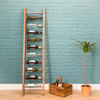 Natural Mango Wood and Steel Freestanding Ladder Style 9 Bottle Wine Rack - Home Furniture Interiors
