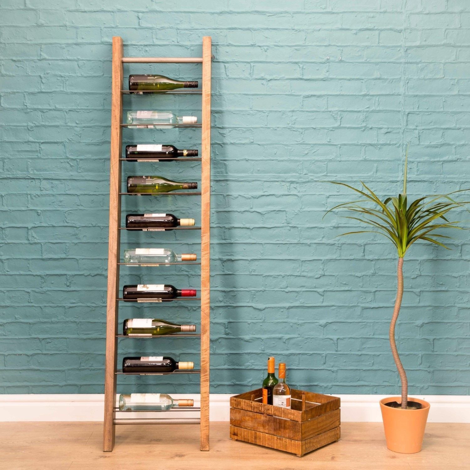 Natural Mango Wood and Steel Freestanding Ladder Style 9 Bottle Wine Rack - Home Furniture Interiors
