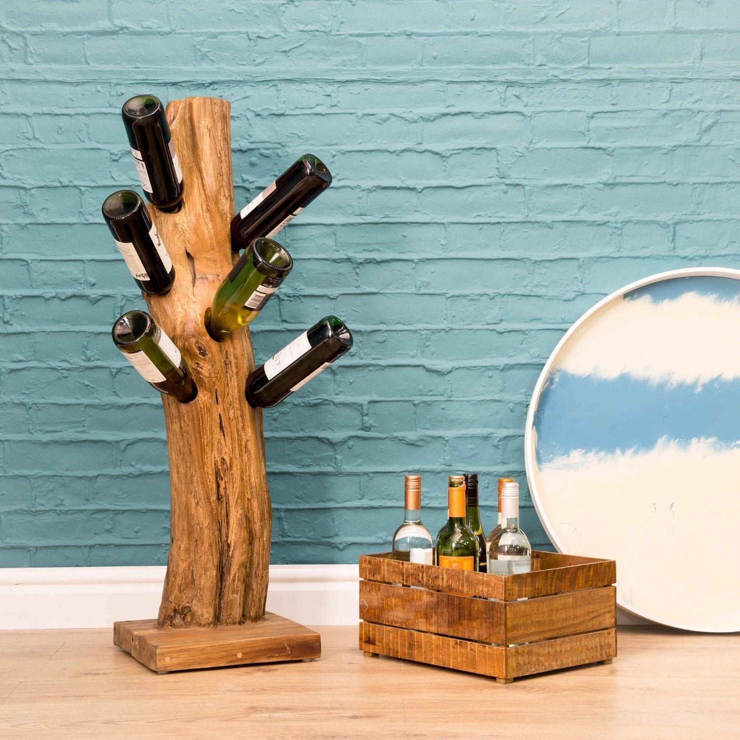 Vintage Natural Teak Root Freestanding Six Bottle Wine Rack - Home Furniture Interiors