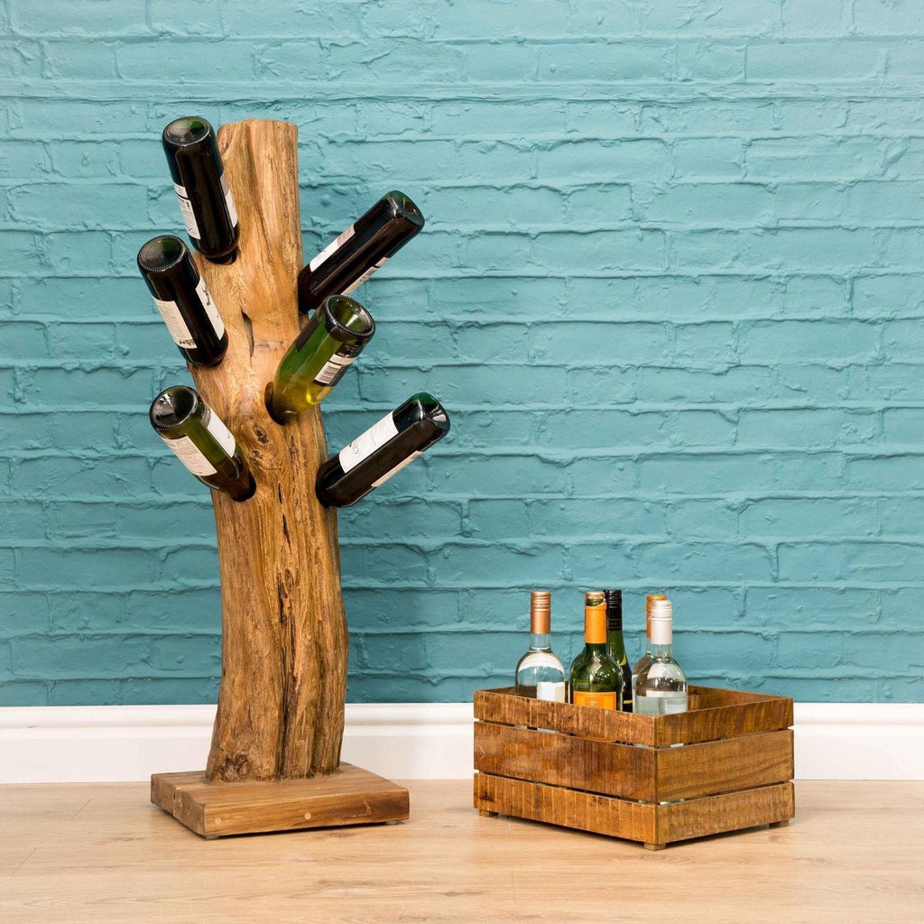 Vintage Natural Teak Root Freestanding Six Bottle Wine Rack - Home Furniture Interiors
