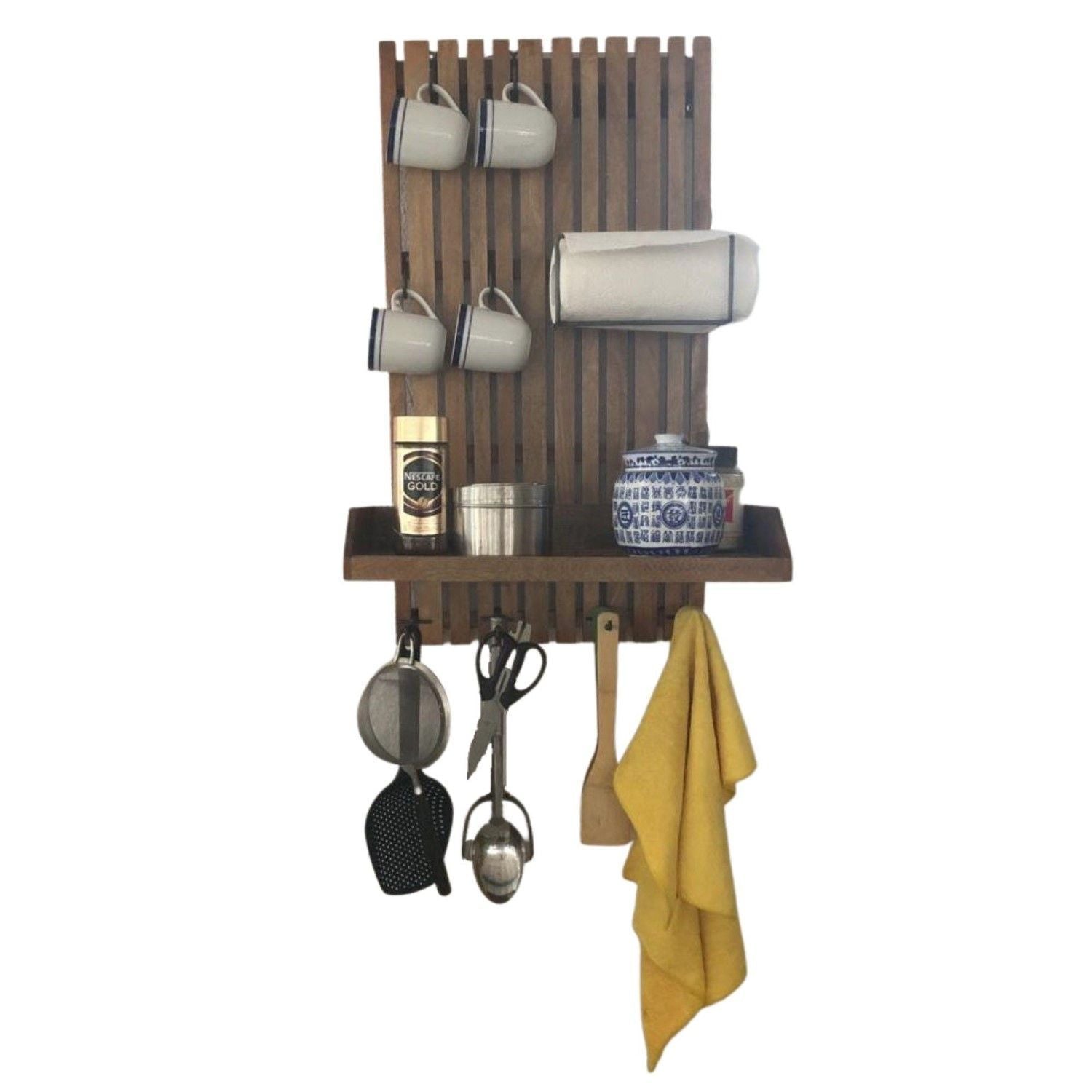 Solid Mango Wood Versatile Hanging Kitchen Rack with Multi Functional Storage