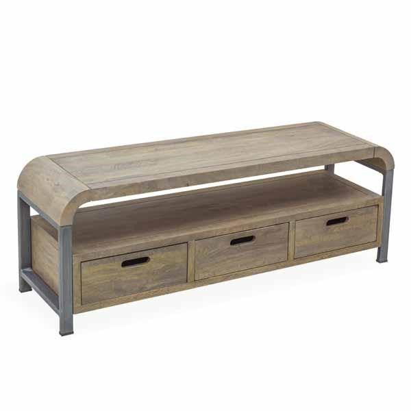 Modern Natural Wood and Metal 3 Drawer TV Media Unit with Open Shelf