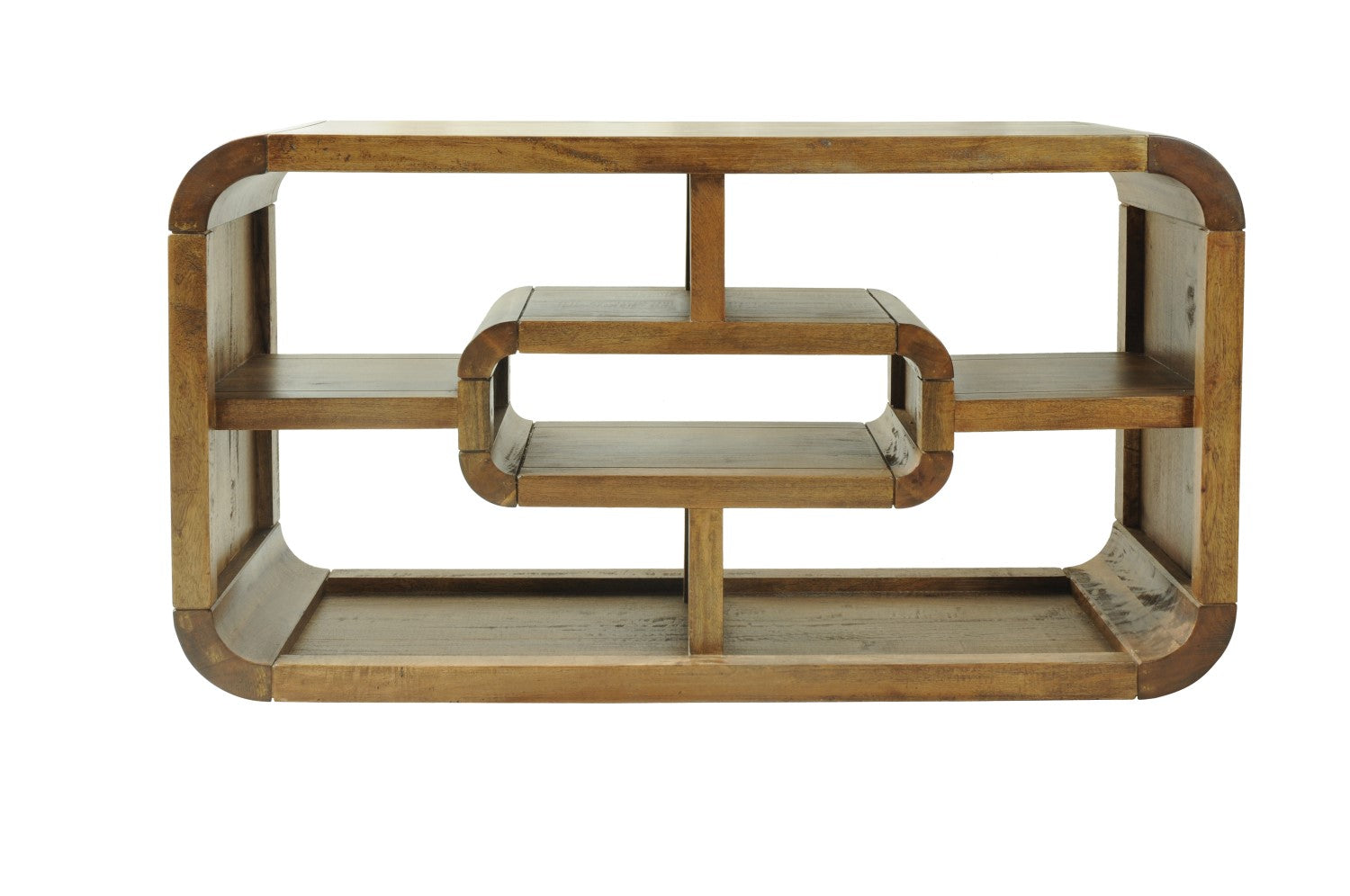 Modern Solid Mango Wood TV and Hi Fi Unit with Curved Open Shelving - Home Furniture Interiors