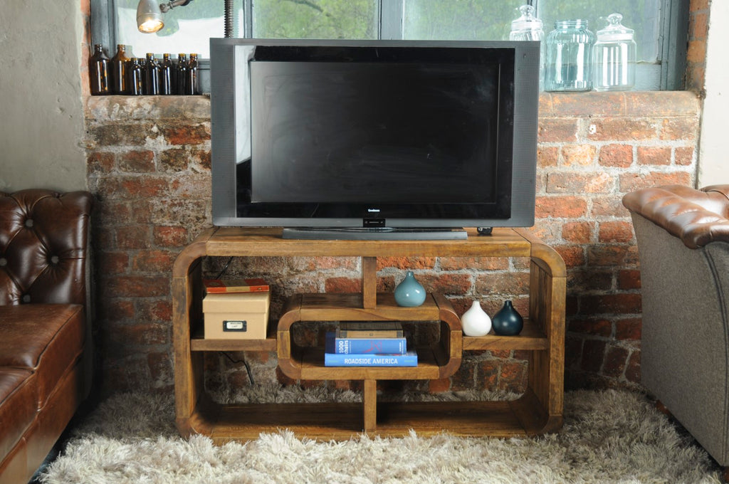Modern Solid Mango Wood TV and Hi Fi Unit with Curved Open Shelving - Home Furniture Interiors