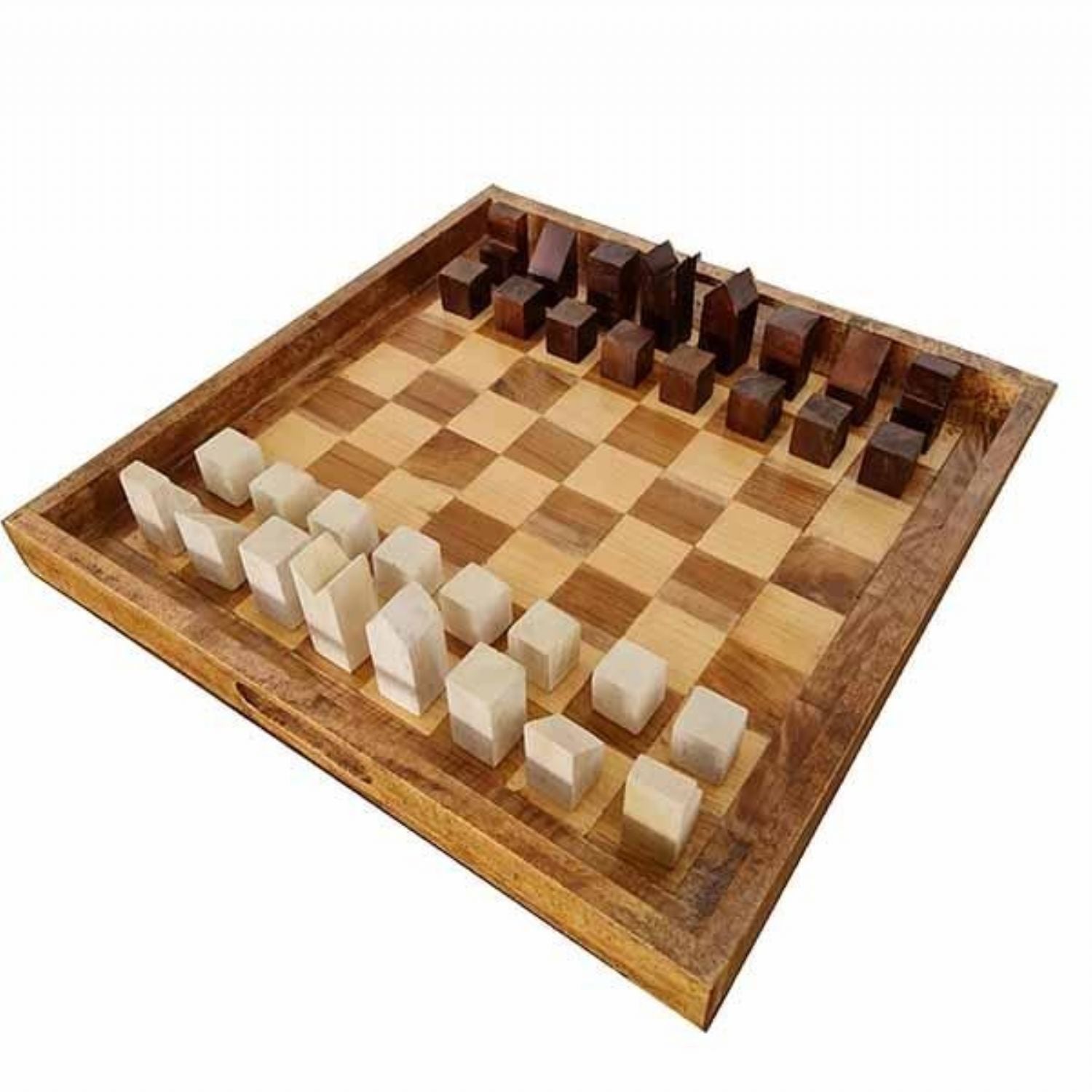 Natural Mango Wood Chess Ottoman Tray with Handcrafted Teak Pieces