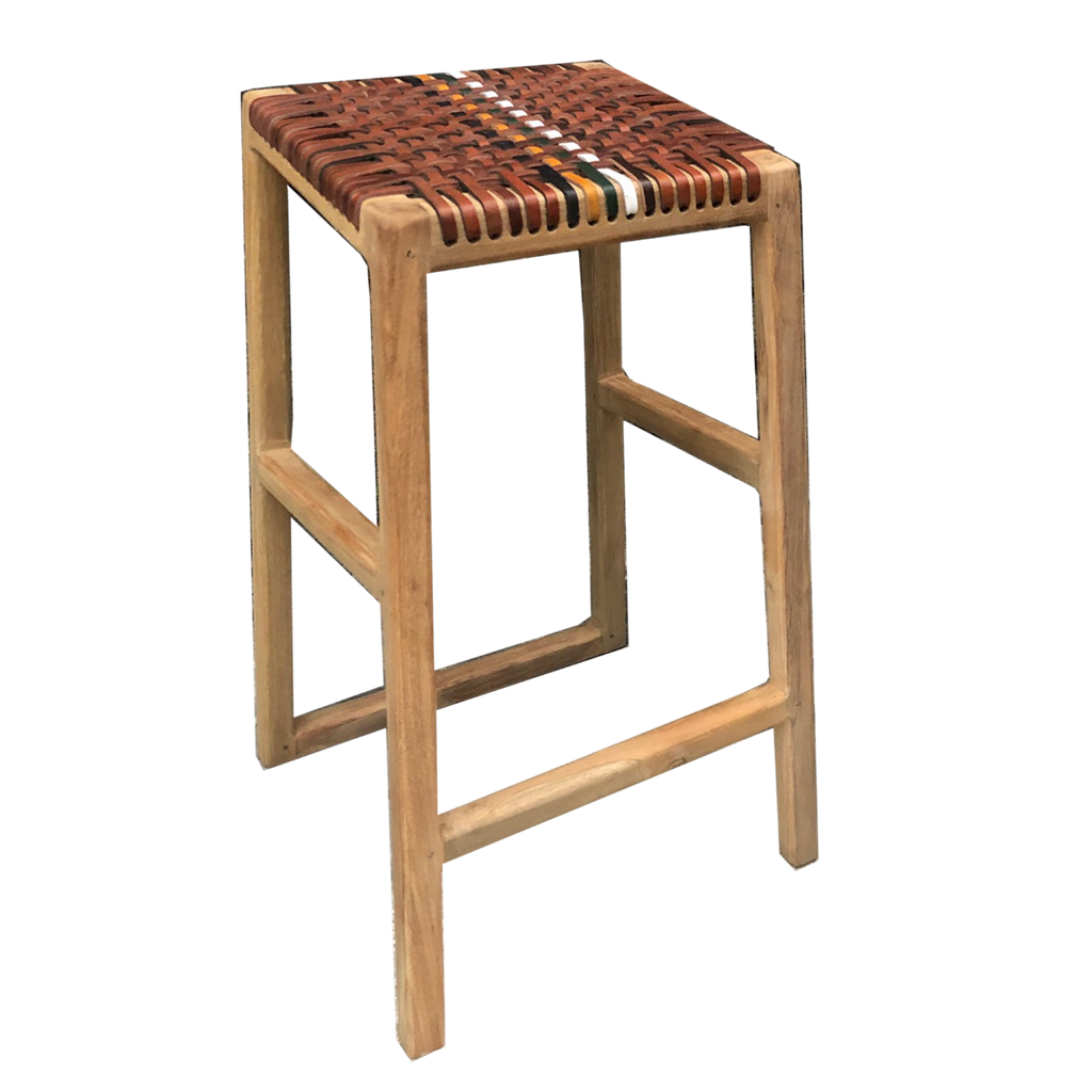 Boho Chic Natural Leather and Teak Counter Stool in Multi Stripe
