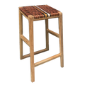 Boho Chic Natural Leather and Teak Counter Stool in Multi Stripe