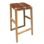Boho Chic Natural Leather and Teak Counter Stool in Multi Stripe
