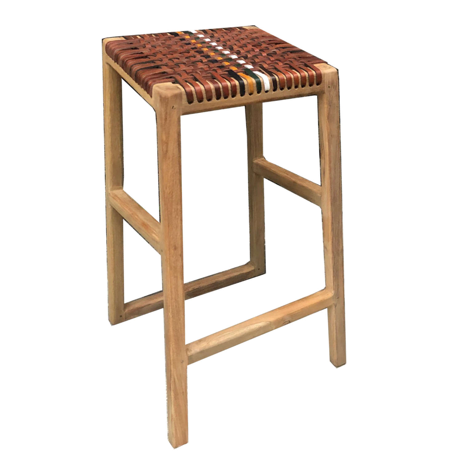 Boho Chic Natural Leather and Teak Counter Stool in Multi Stripe