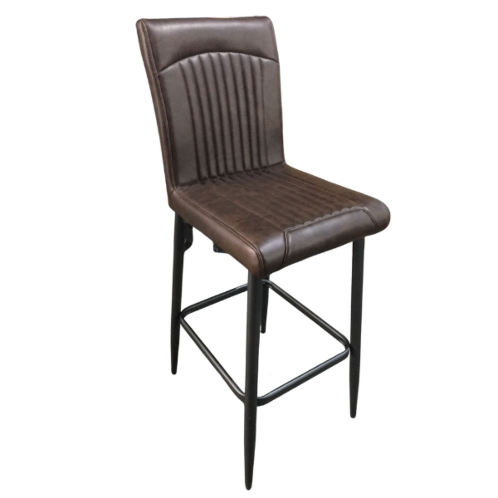Brown Vegan Leather Barstool with Padded Backrest and Steel Base