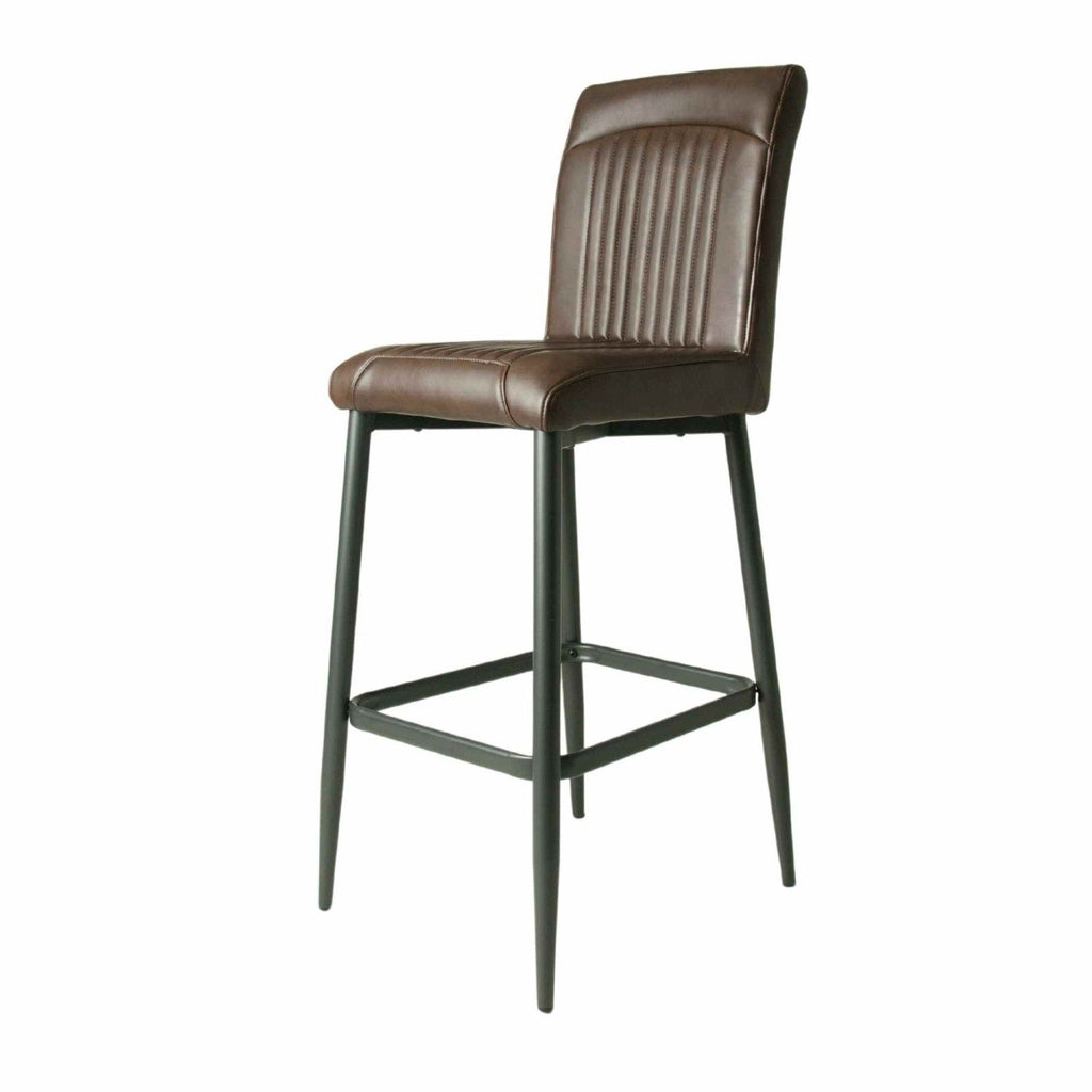 Brown Vegan Leather Barstool with Padded Backrest and Steel Base - Home Furniture Interiors