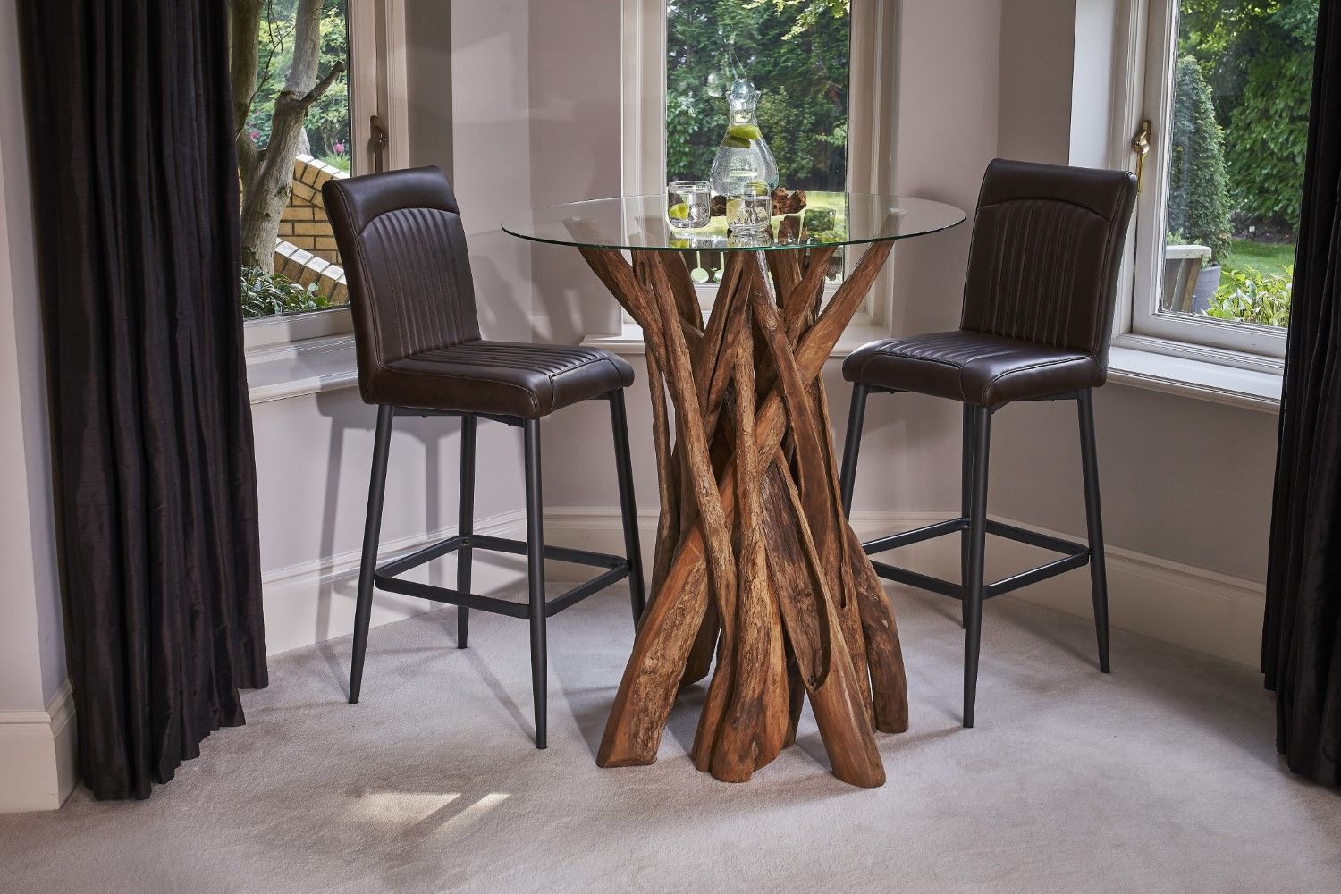 Brown Vegan Leather Barstool with Padded Backrest and Steel Base - Home Furniture Interiors