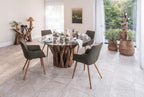 Green Twill Fabric Dining Chairs with Oak Finish Legs in Pair - Home Furniture Interiors