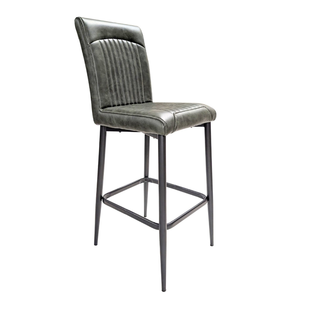 Green Vegan Leather Barstool with Sculpted Backrest and Steel Frame