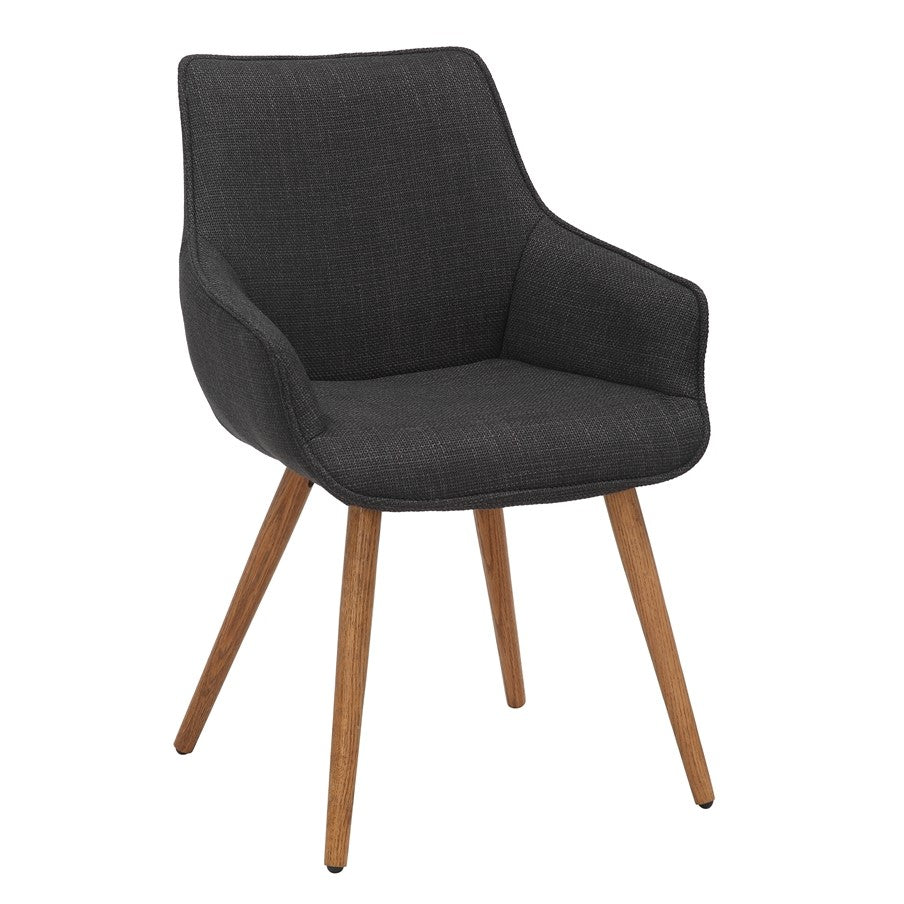 Grey Twill Fabric Dining Chairs with Oak Finish Legs in Pair