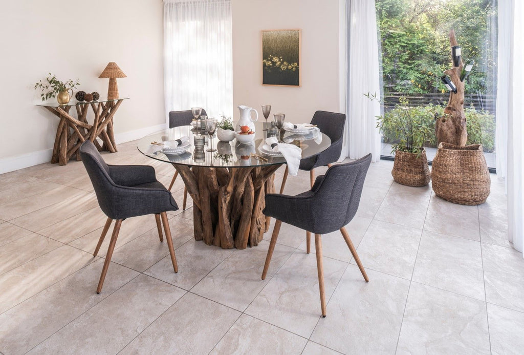 Grey Twill Fabric Dining Chairs with Oak Finish Legs in Pair - Home Furniture Interiors