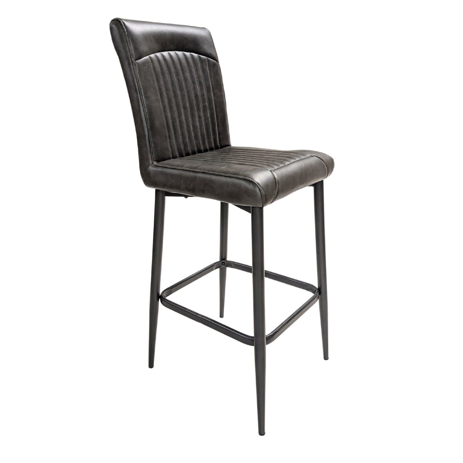 Grey Vegan Leather Barstool with Padded Backrest and Steel Base