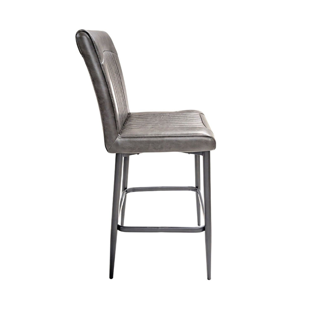 Grey Vegan Leather Barstool with Padded Backrest and Steel Base - Home Furniture Interiors