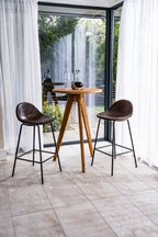 Industrial Brown Vegan Leather Scoop Seat Barstool with Steel Frame
