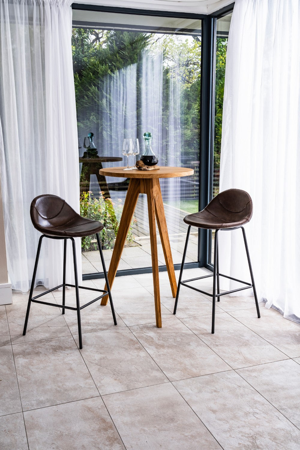 Industrial Brown Vegan Leather Scoop Seat Barstool with Steel Frame