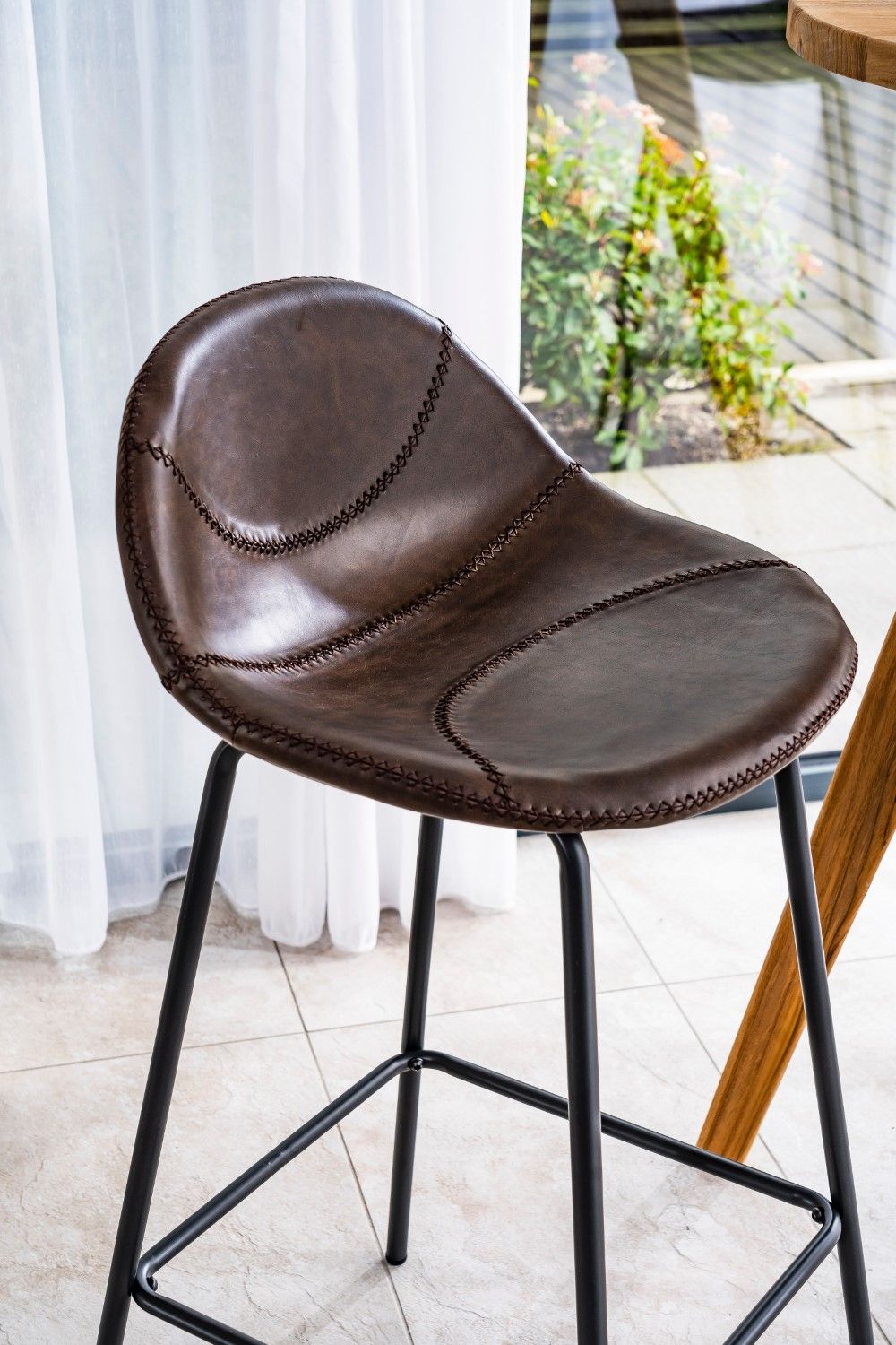 Industrial Brown Vegan Leather Scoop Seat Barstool with Steel Frame - Home Furniture Interiors