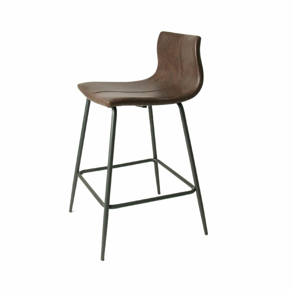 Modern Brown Vegan Leather Counter Stool with Curved Seat and Steel Base
