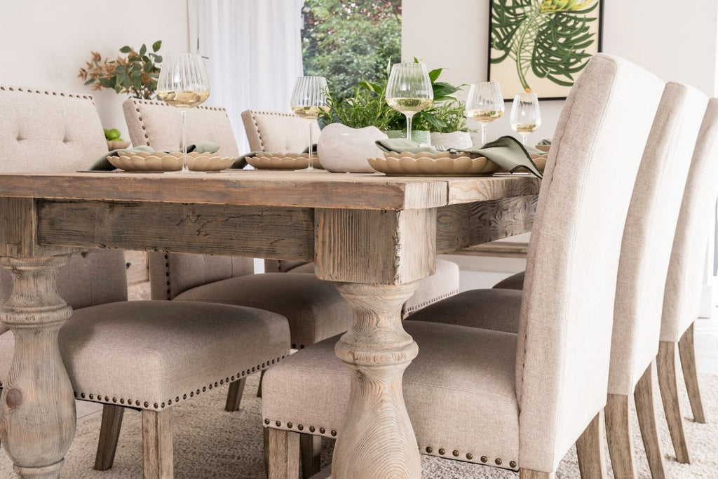 Modern Cashmere Beige Upholstered Dining Chair with Rustic Wood Legs - Home Furniture Interiors