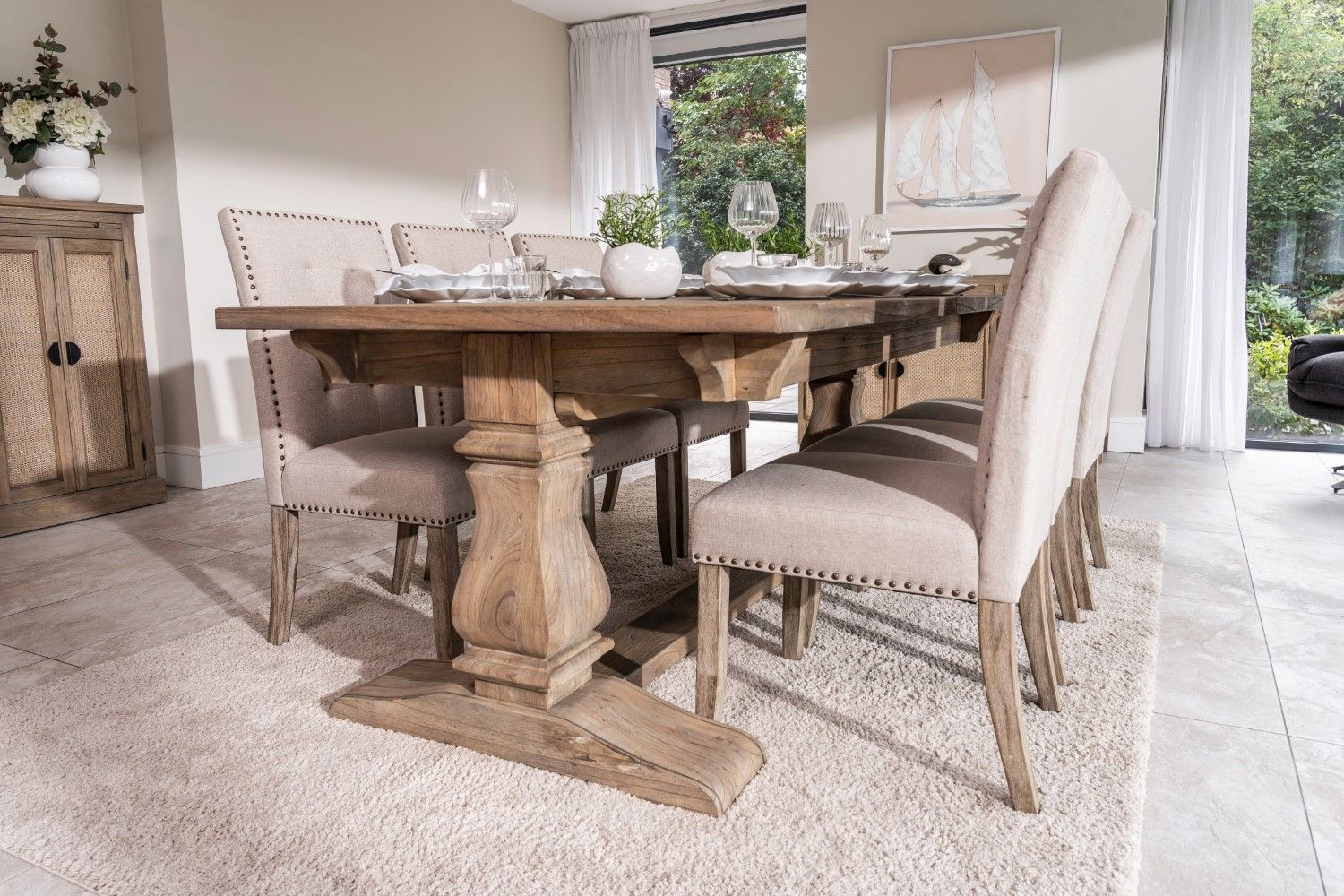 Modern Cashmere Beige Upholstered Dining Chair with Rustic Wood Legs - Home Furniture Interiors