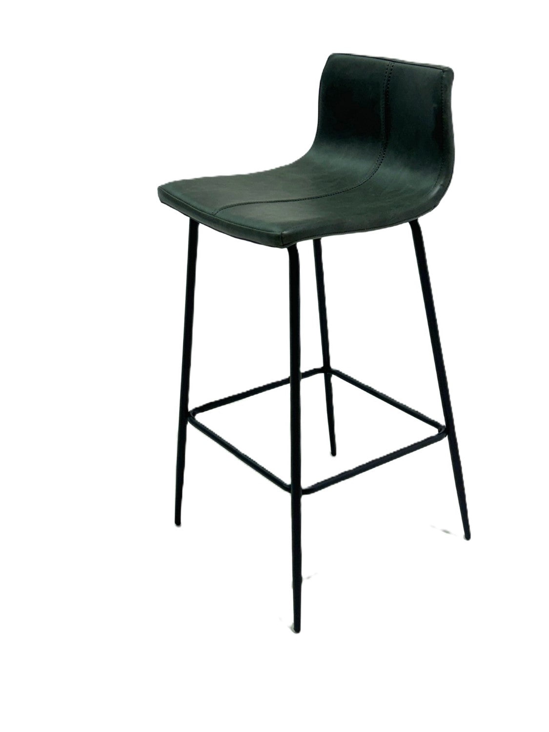 Modern Green Vegan Leather Bar Stool with Curved Seat and Black Steel Frame