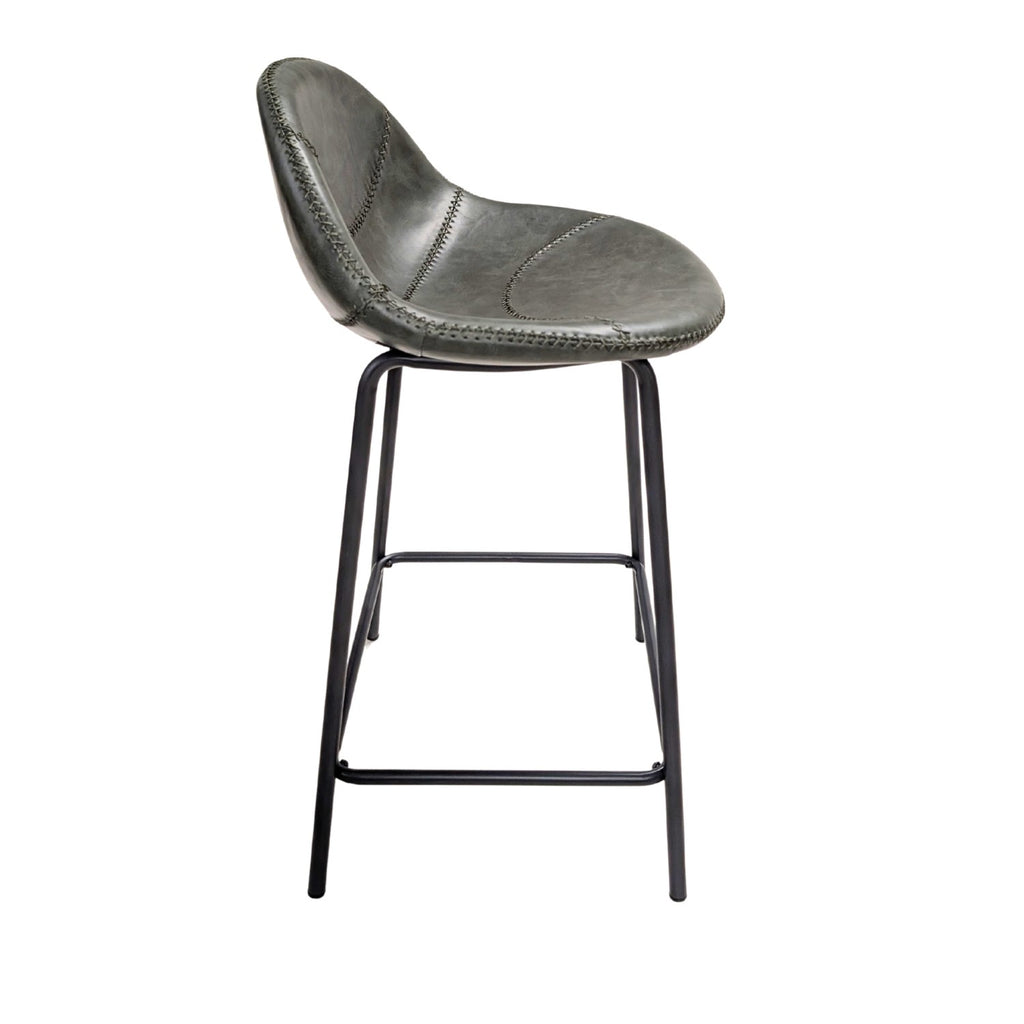 Contemporary Green Vegan Leather Curved Counter Stool with Steel Base