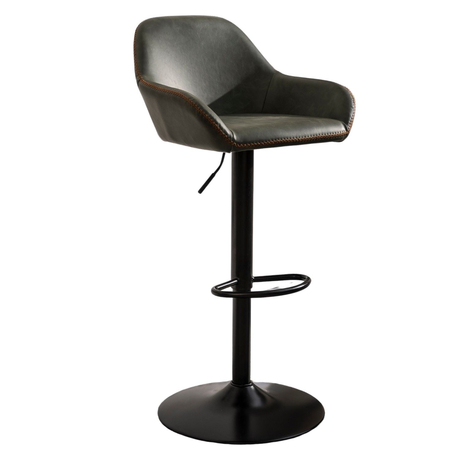 Contemporary Green Vegan Leather Gas Lift Curved Barstool with Steel Base