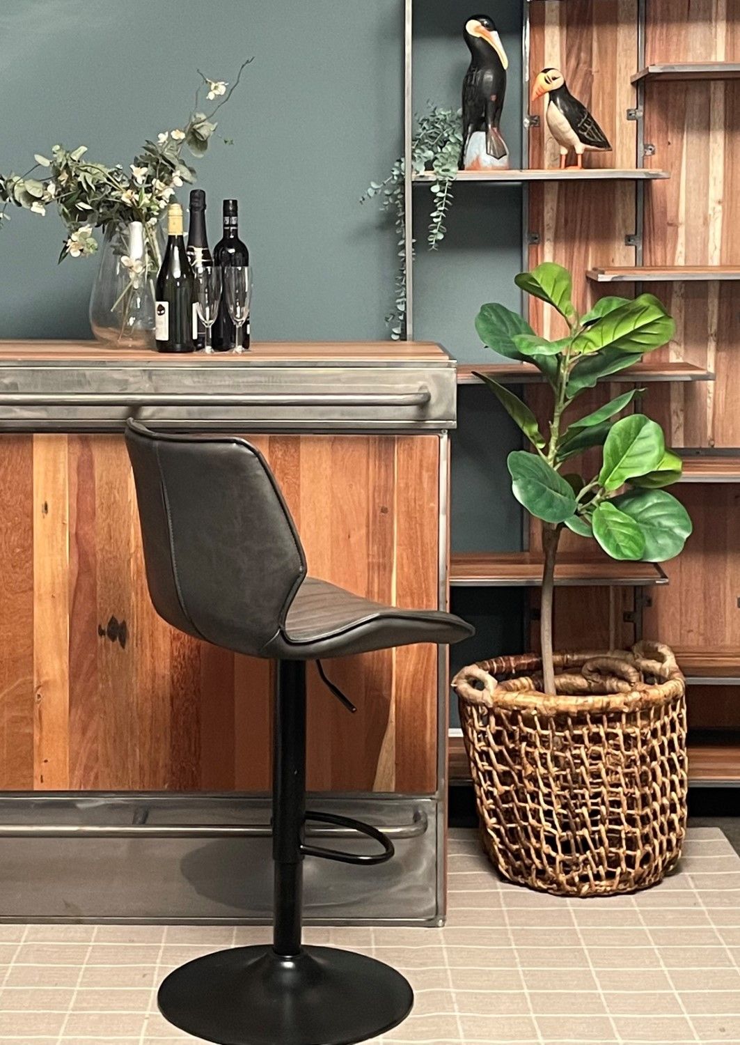Modern Grey PU Leather Upholstered Gas Lift Bar Stool - Home Furniture Interiors