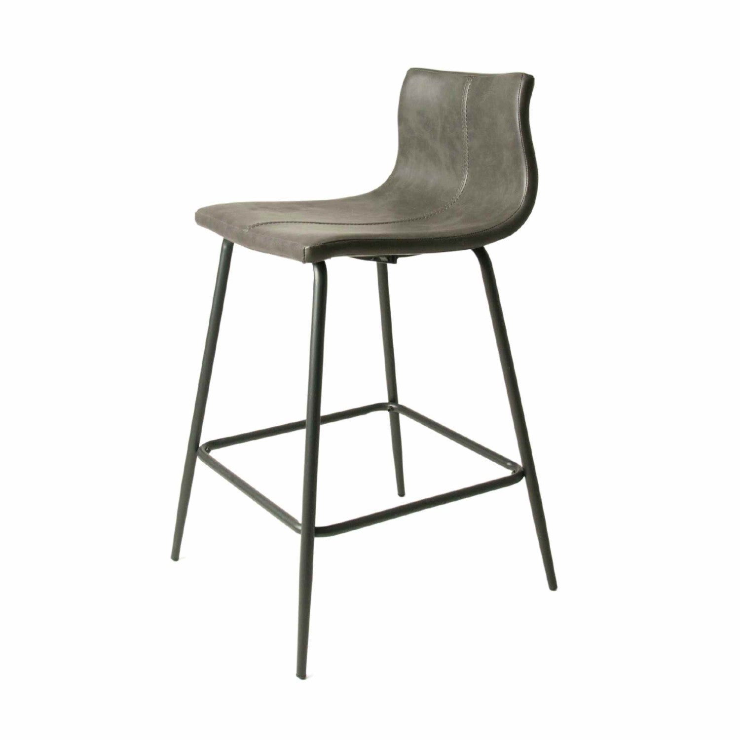 Modern Grey Vegan Leather Counter Stool with Curved Seat and Steel Frame