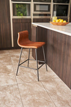 Modern Tan Vegan Leather Counter Stool with Curved Seat and Steel Frame - Home Furniture Interiors
