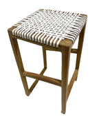 Rustic Teak Wood Square Counter Stool with Handwoven White Seat