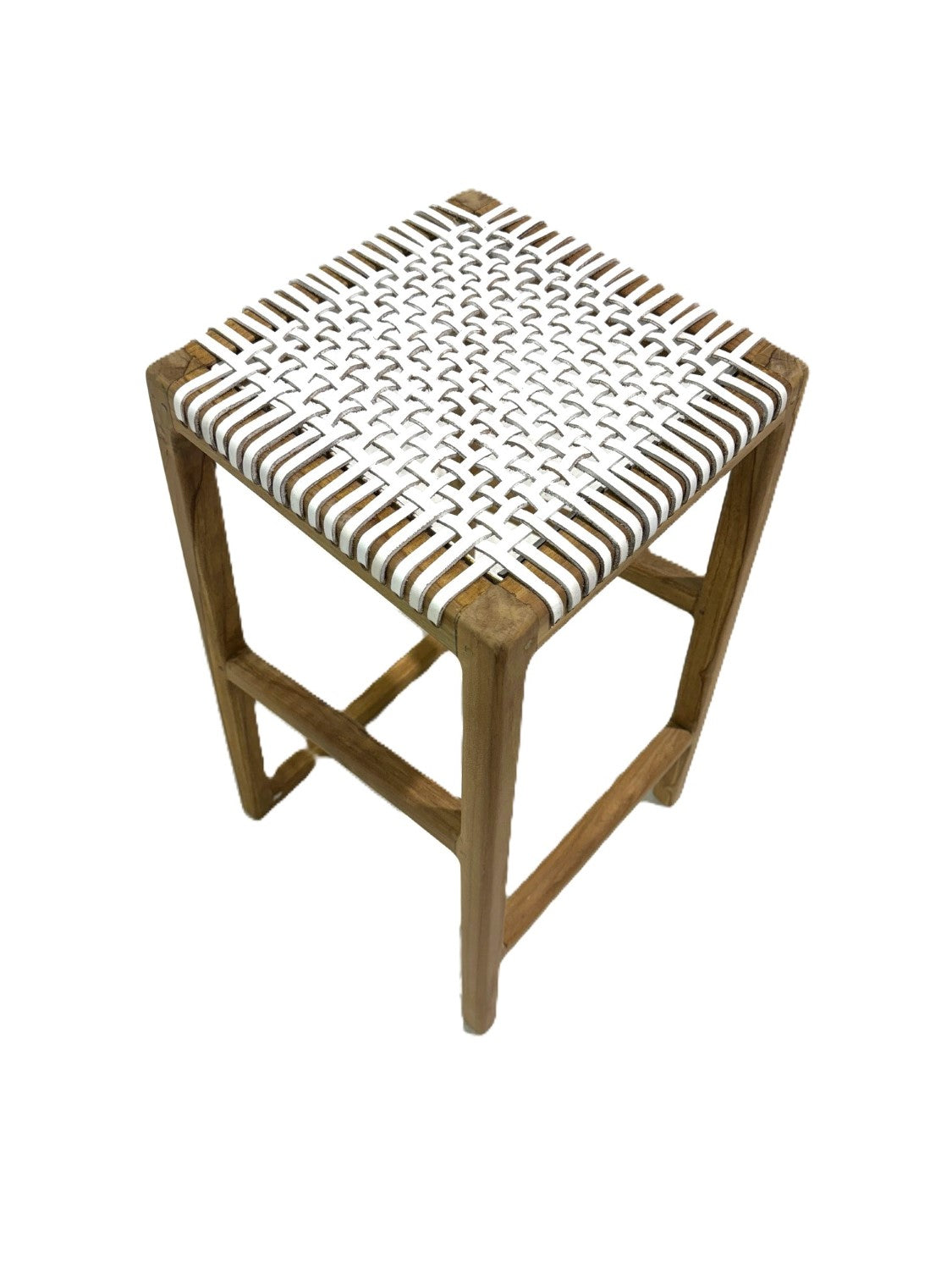 Rustic Teak Wood Square Counter Stool with Handwoven White Seat - Home Furniture Interiors