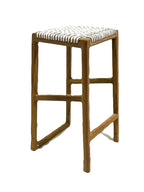 Rustic Teak Wood Square Counter Stool with Handwoven White Seat - Home Furniture Interiors