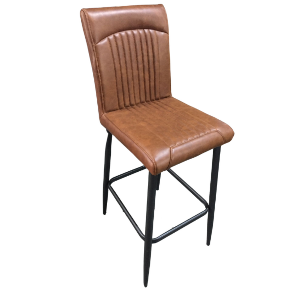 Tan Vegan Leather Barstool with Padded Backrest and Steel Base