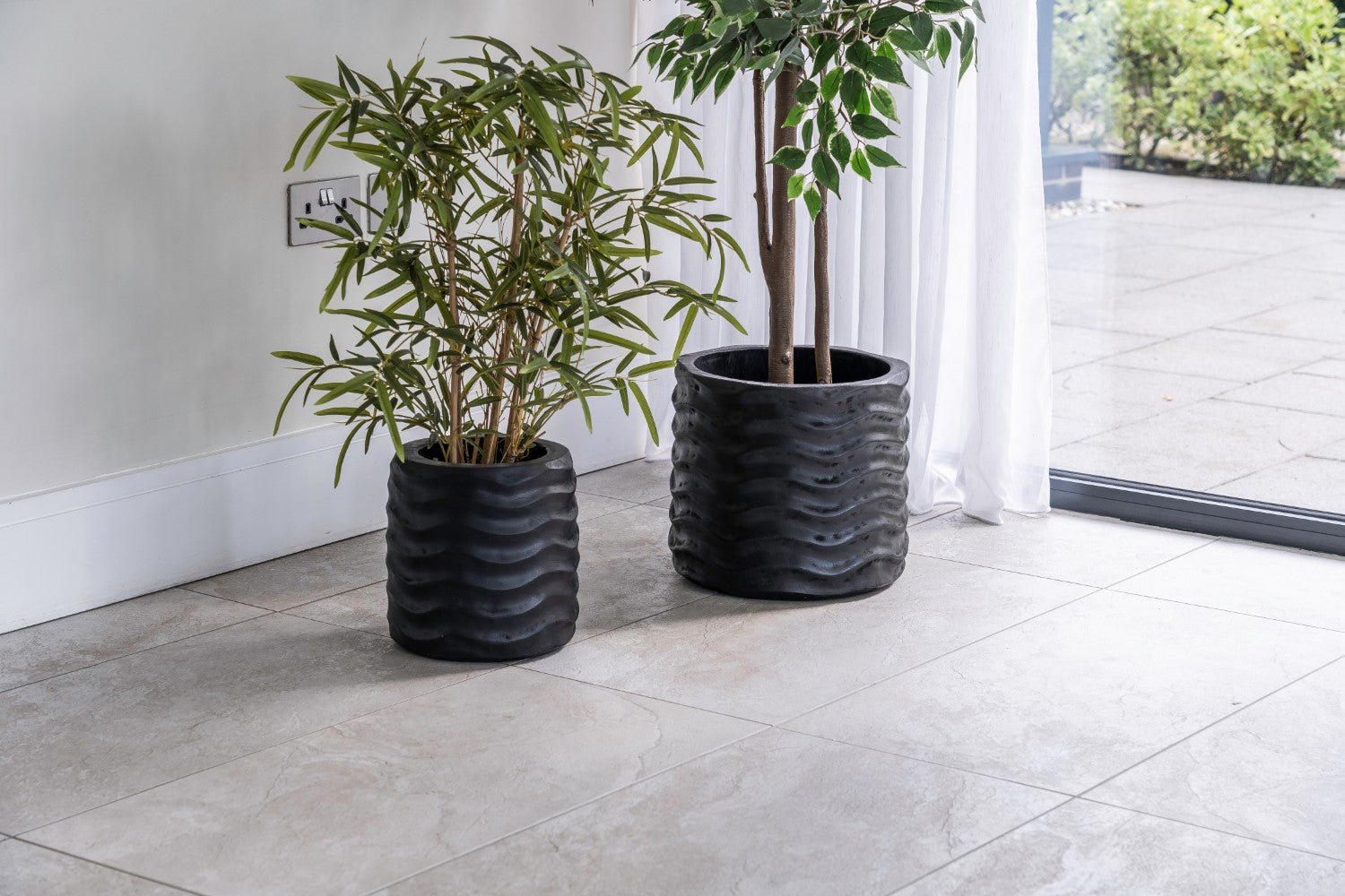 Set of 2 Modern Black Textured Composite Wave Pots