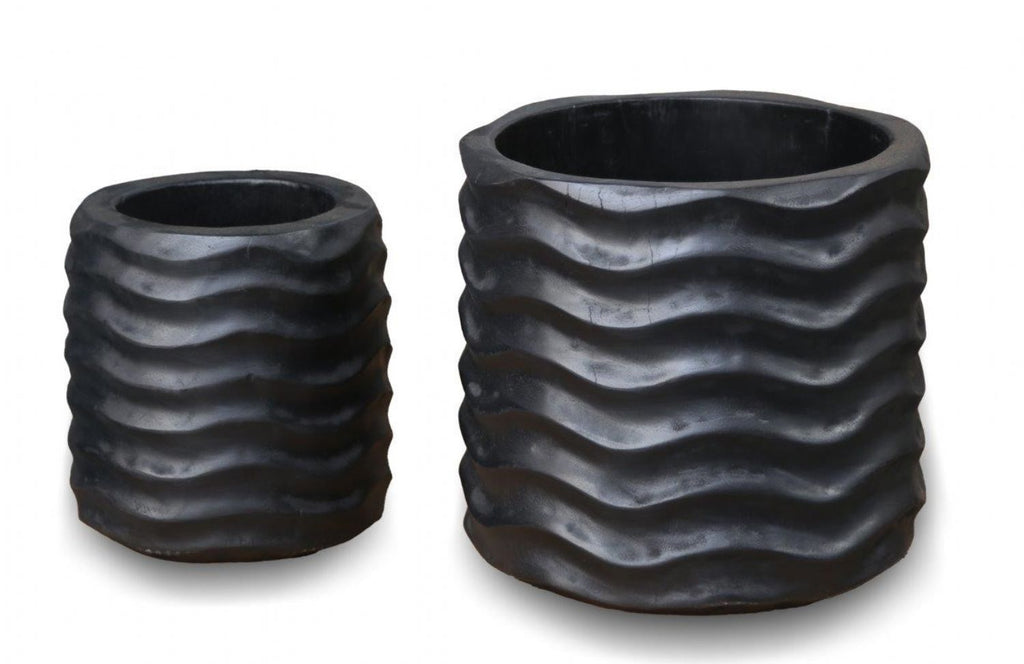 Set of 2 Modern Black Textured Composite Wave Pots - Home Furniture Interiors