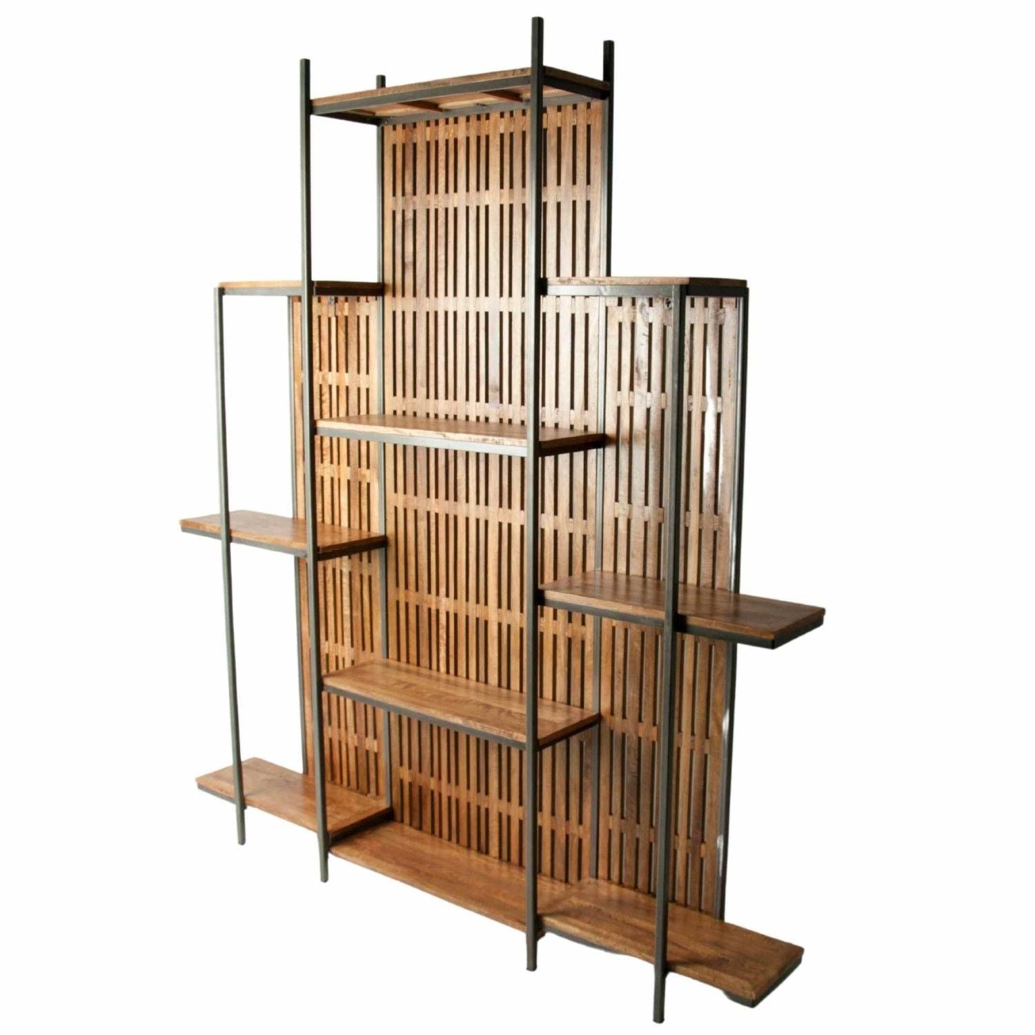 Industrial Style Grey Mango Wood Folding Room Divider with Shelves