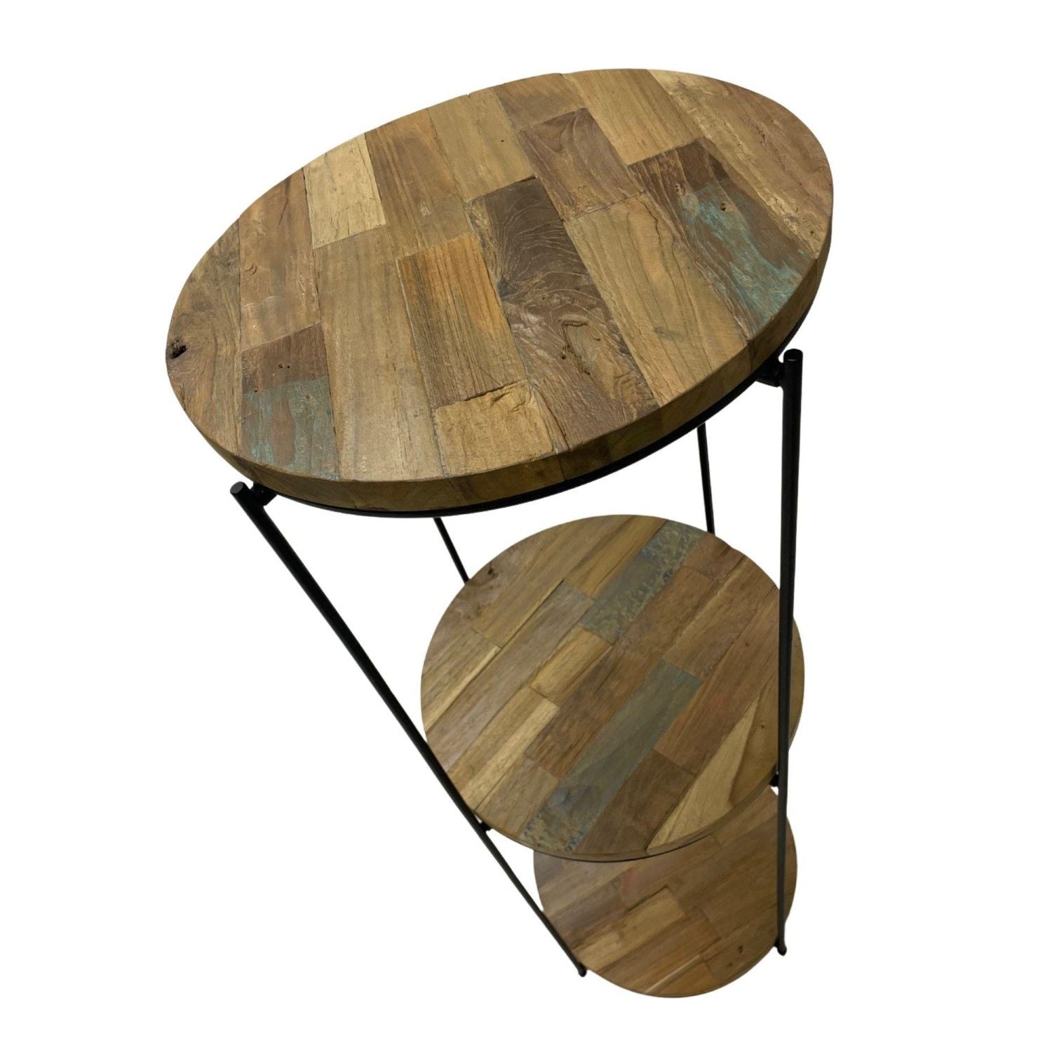 Industrial Recycled Wood and Metal Round 3 Tier Shelving Unit - Home Furniture Interiors